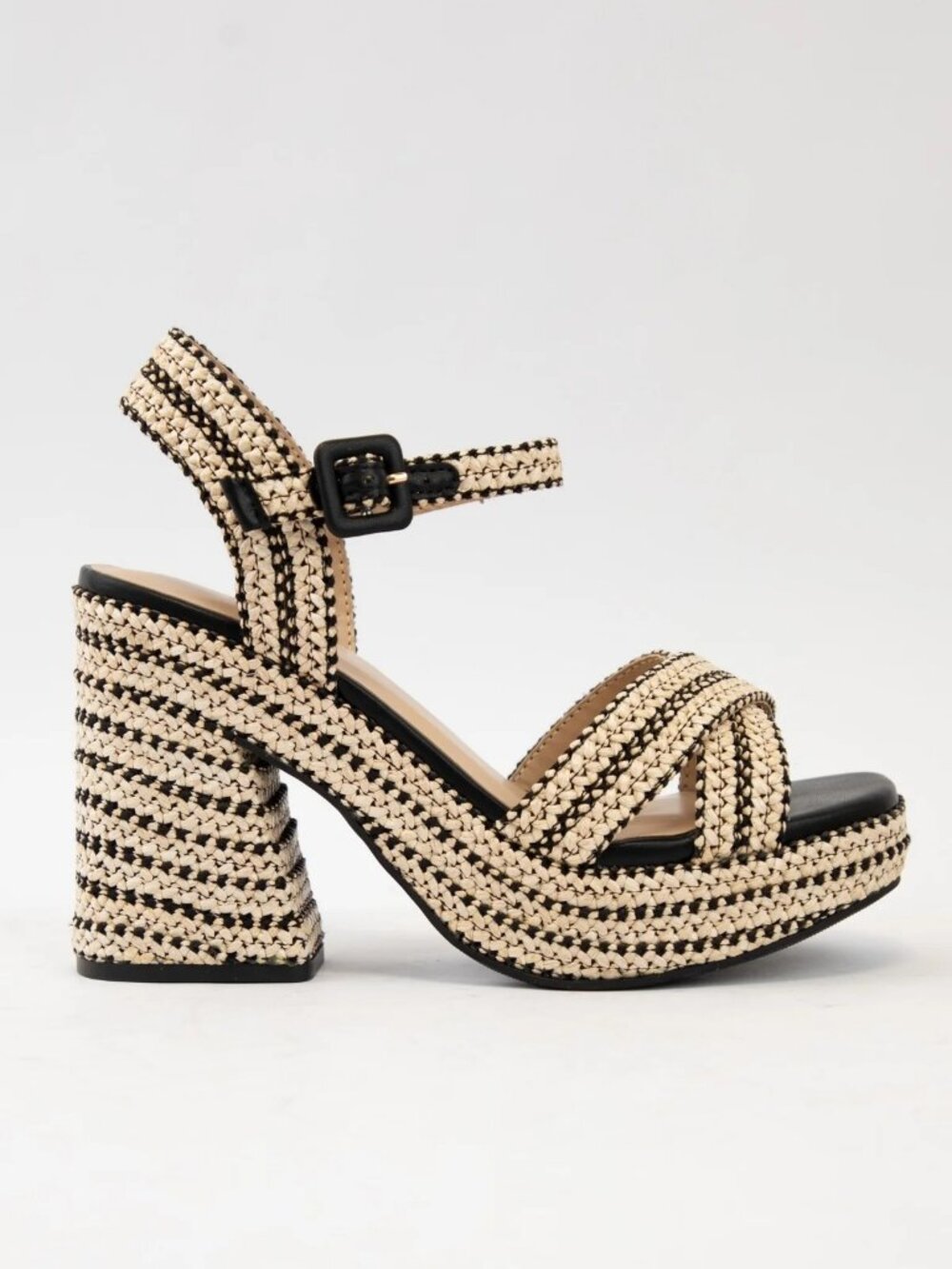 New Open Toe Raffia Espadrille Platform Sandals Mary-Jane Ankle Strap Block Heel - Picture 3 of 8